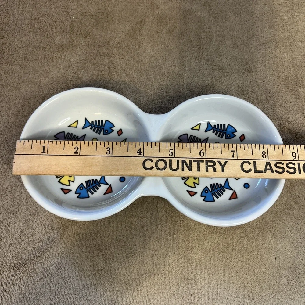Double Bowl Cat Food‎ & Water Dish Fish Bones Stoneware Heavy Durable Dishes